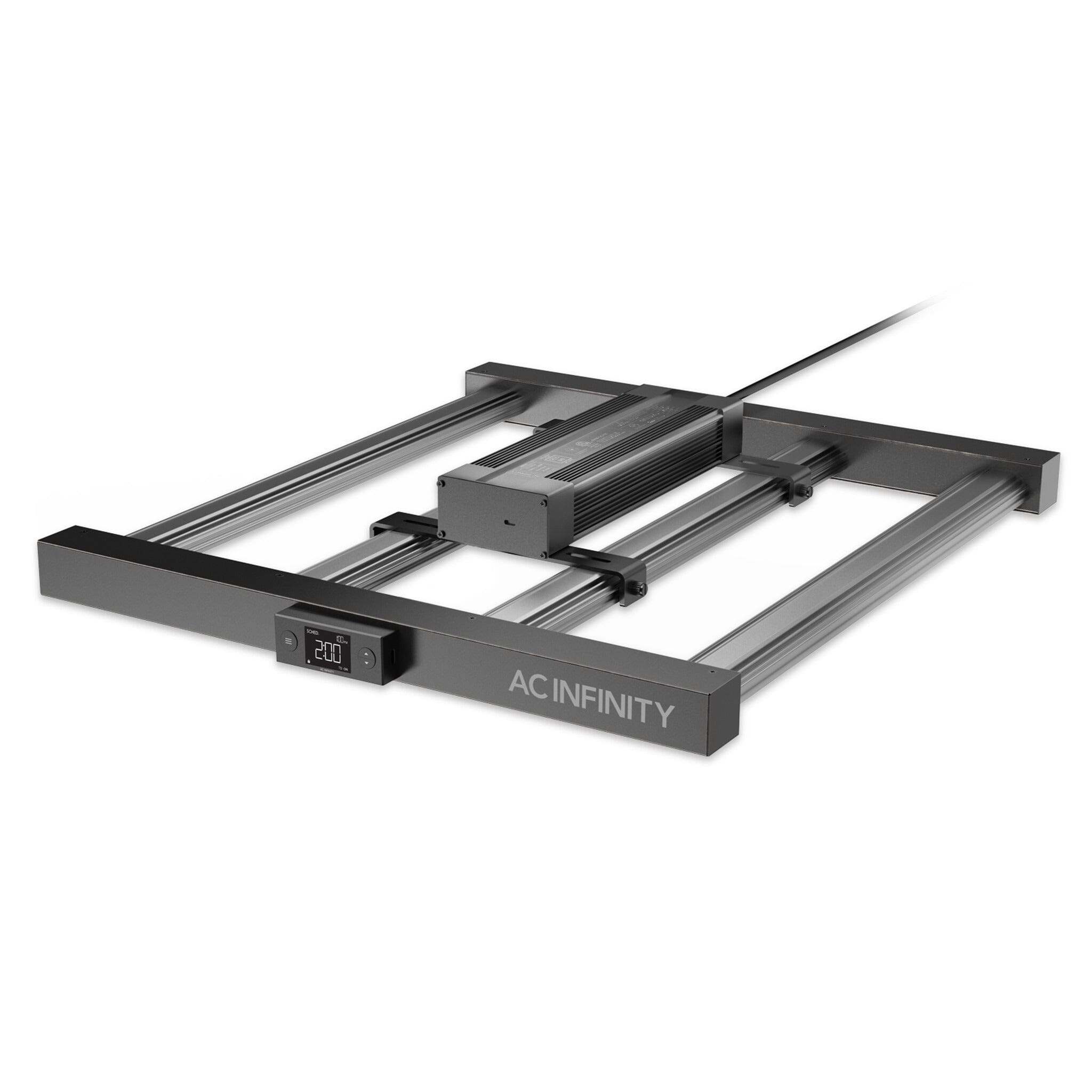 AC Infinity Ionframe EVO4 LED grow light with central driver and built-in digital controller on a sturdy metal frame.