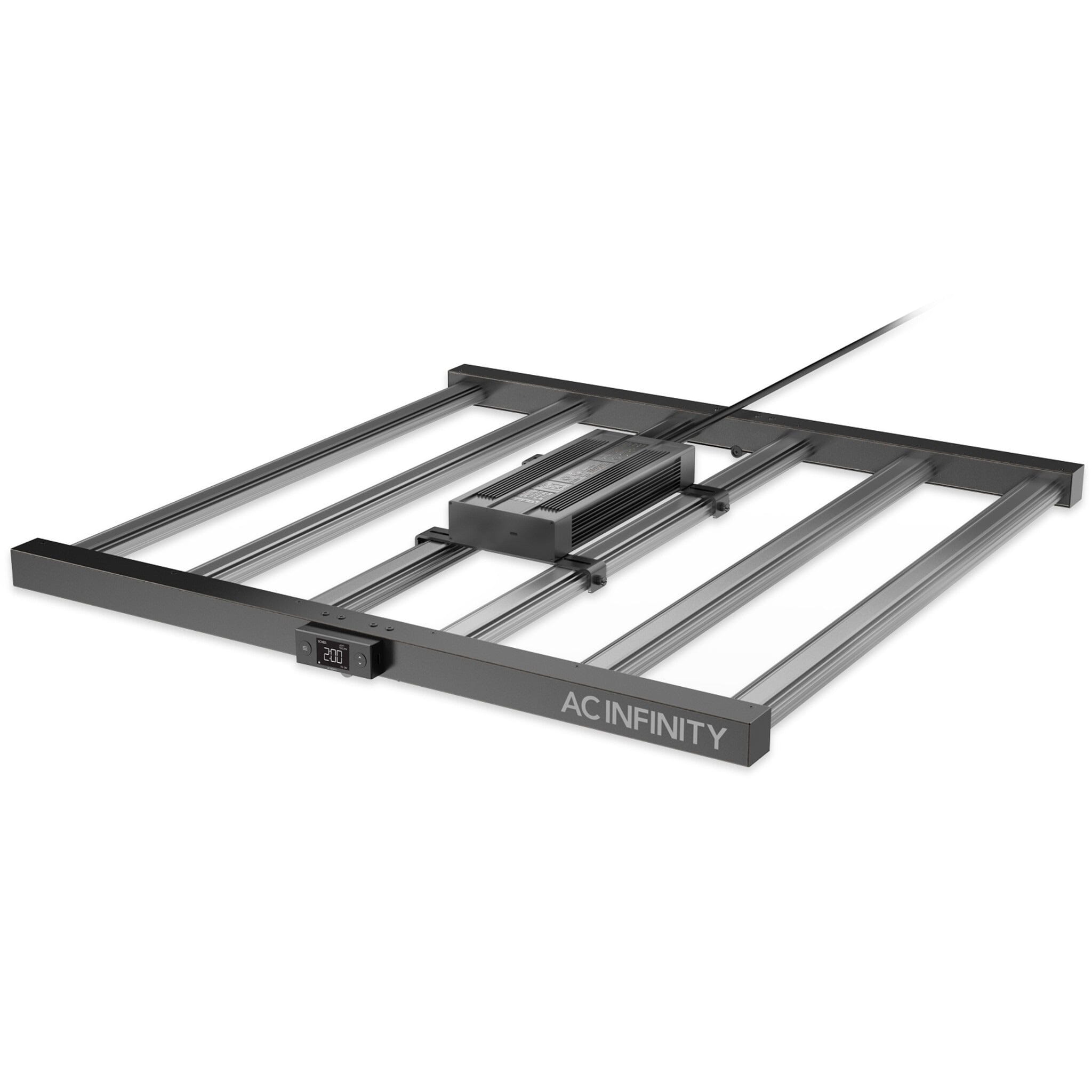 AC Infinity Ionframe EVO6 LED grow light with central driver and built-in digital controller on a sturdy metal frame.