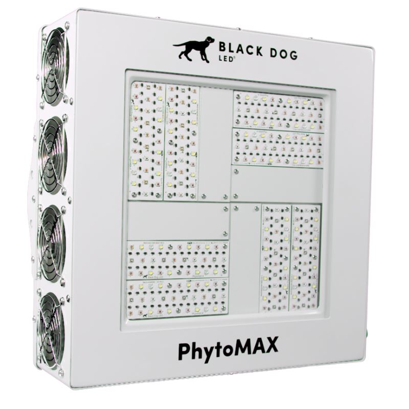 Angled front view of Black Dog LED PhytoMAX-4 8S grow light showcasing LED array and cooling fans.