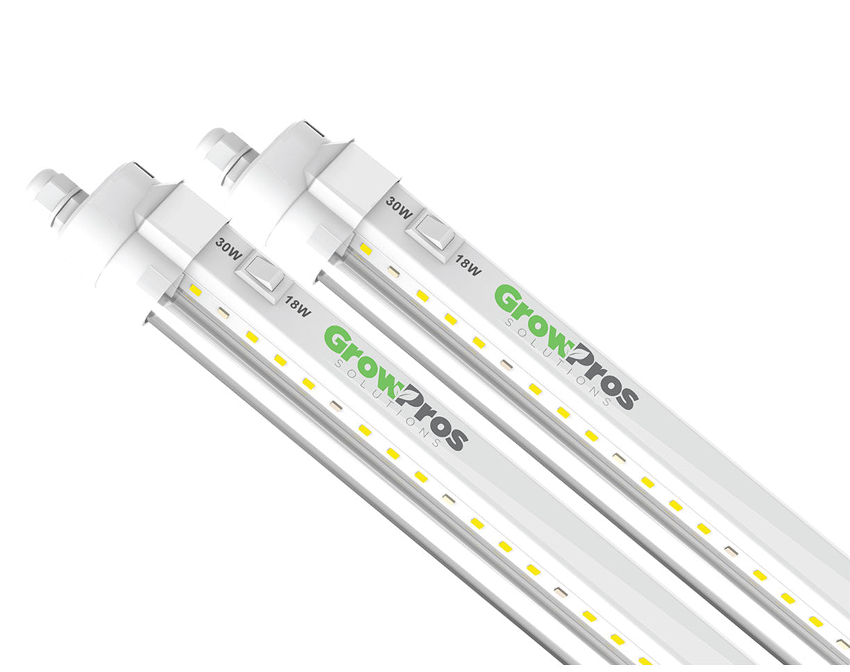 Dual LED light bars marked with 18W and 30W wattage indicators and GrowPros logos.