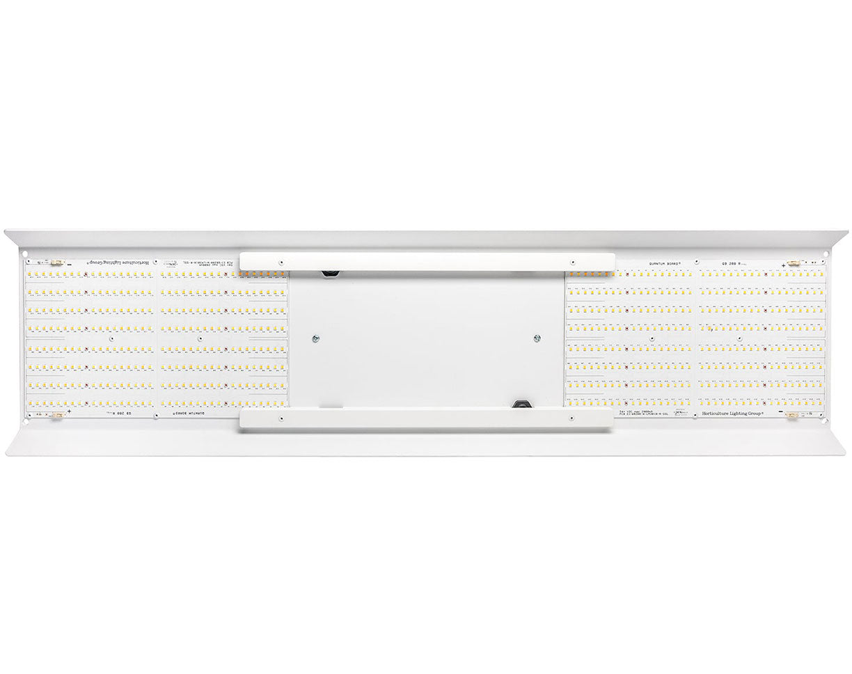 Direct overhead view clearly displaying the symmetrical LED pattern of the HLG 250 VEG PRO LED grow light, emphasizing uniform coverage for indoor gardens.