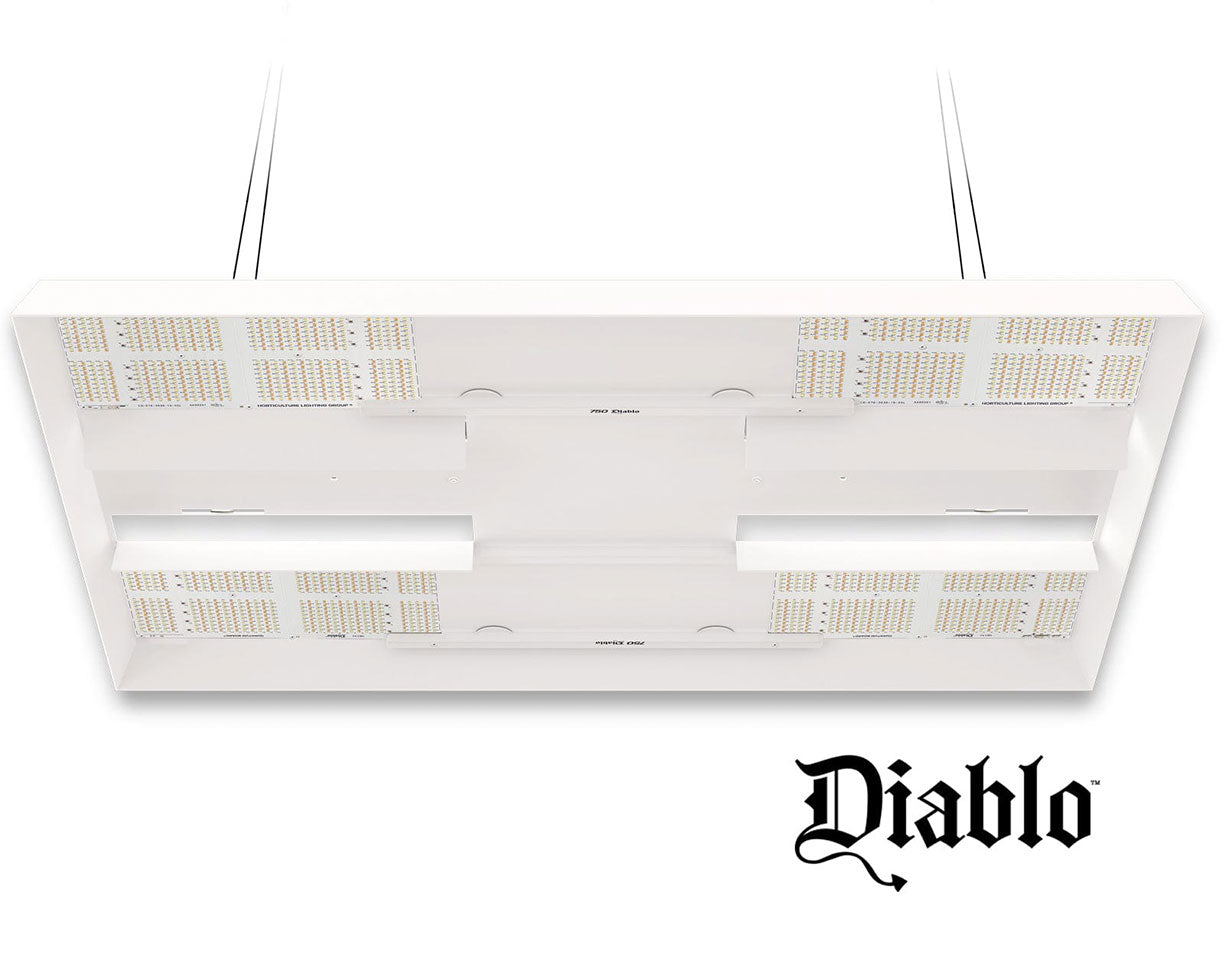 Top view of the HLG 750 Diablo LED grow light, showcasing its sleek design and high-efficiency diodes for optimal indoor cannabis cultivation.