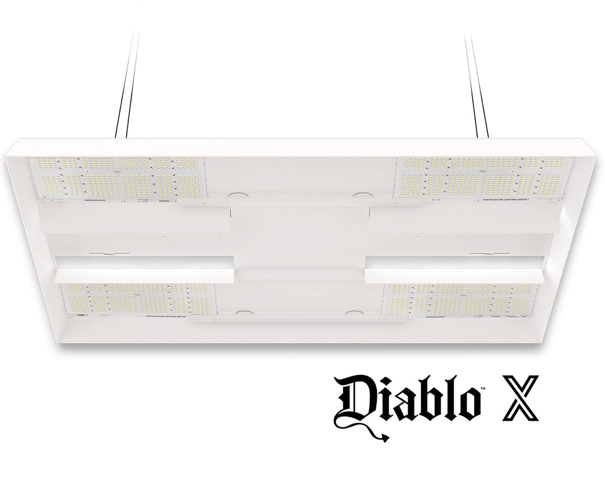 HLG 750 Diablo X LED grow light suspended above a cannabis canopy in a grow tent, delivering high PPFD and balanced spectrum for veg and flower stages.