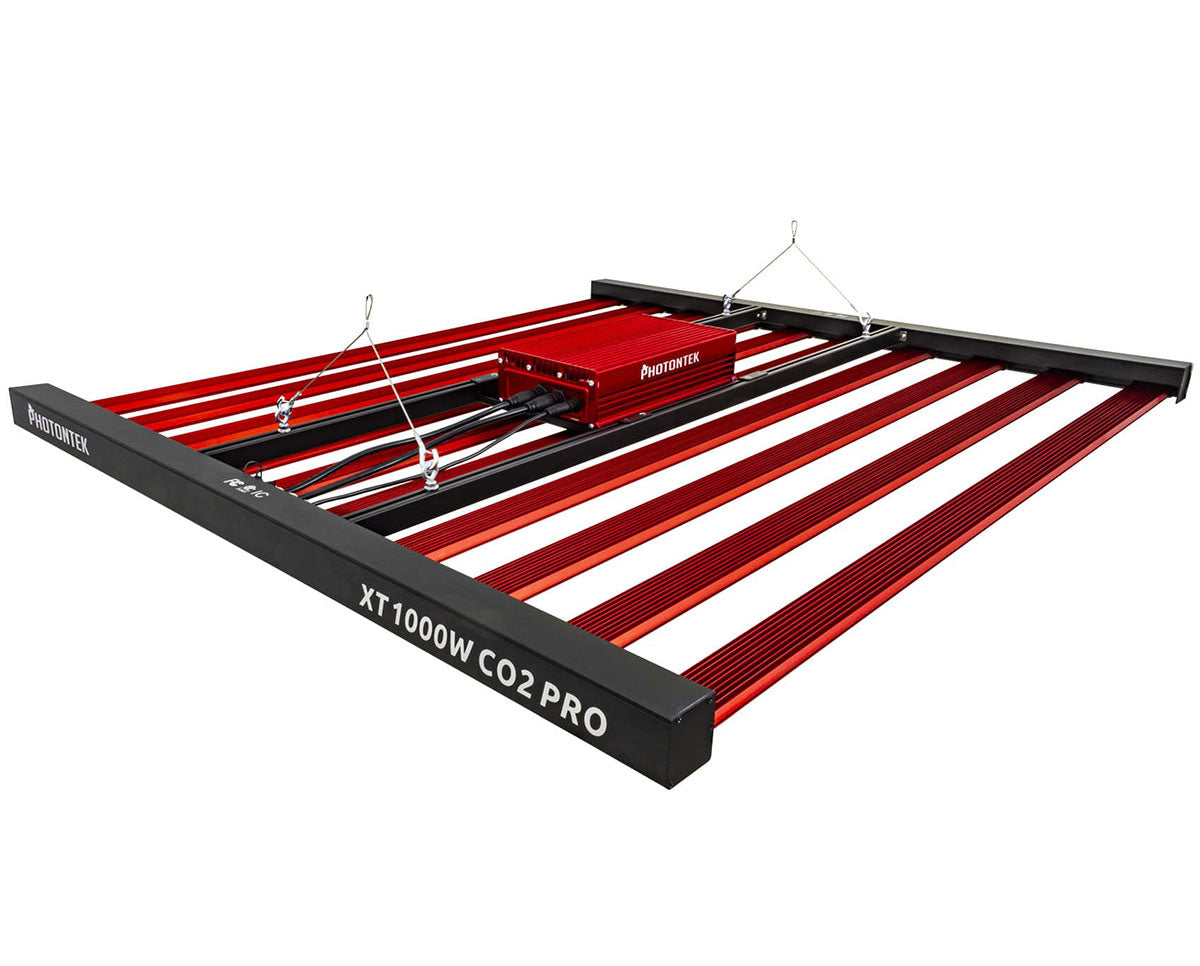 Full view of the Photontek XT 1000W CO2 Pro LED grow light with 10 light bars and a center-mounted driver.