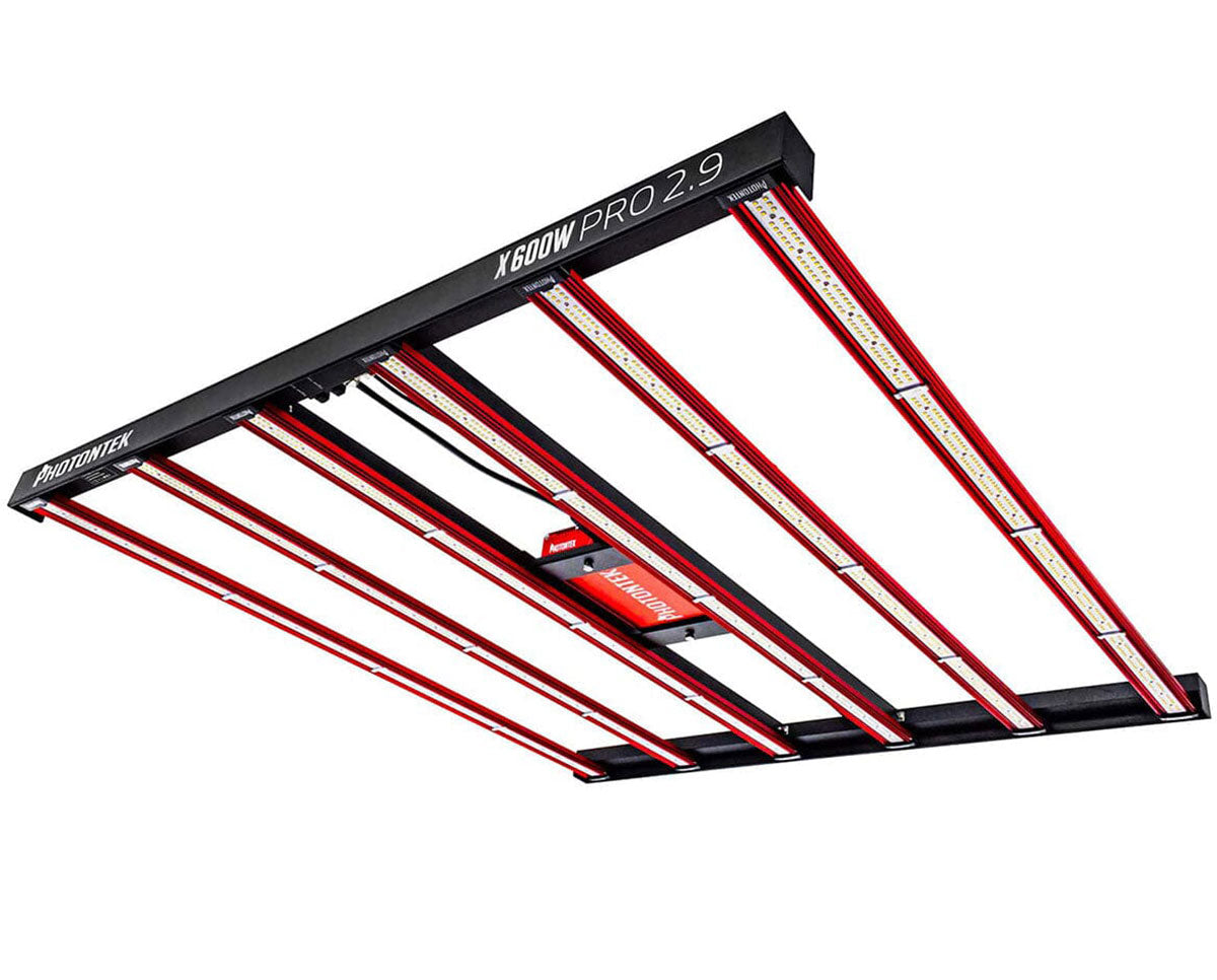 Underside view of the Photontek X 600W PRO 2.9 LED grow light, featuring multiple red light bars with integrated LED diodes and a red central driver unit.