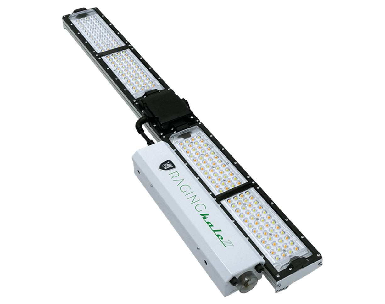 This image shows the Scynce LED Raging Kale II grow light angled diagonally, highlighting its LED panel design and compact driver housing.