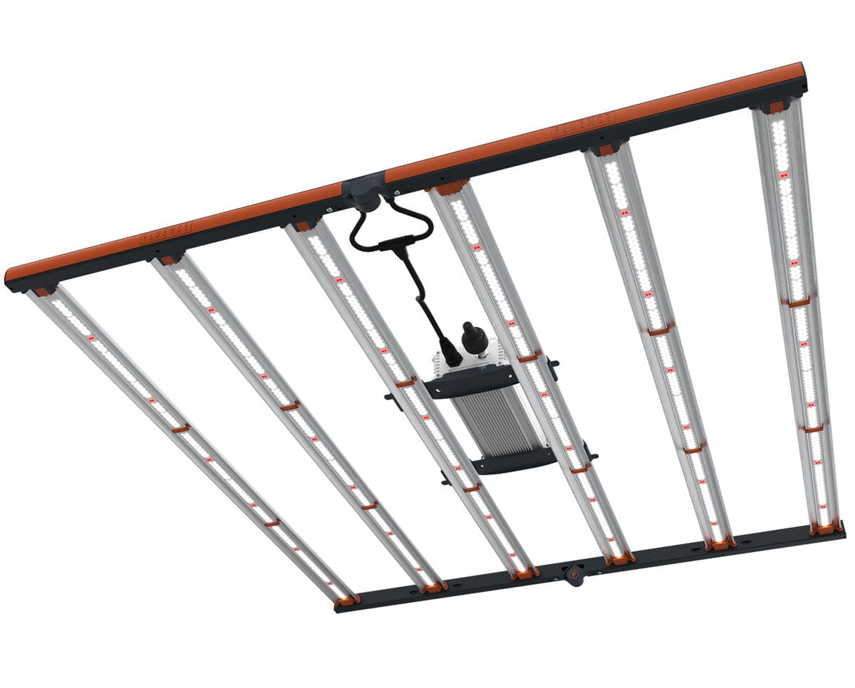 Angled wide shot of SPYDR 2r showing eight active light bars and black power cord mounted to center heatsink.