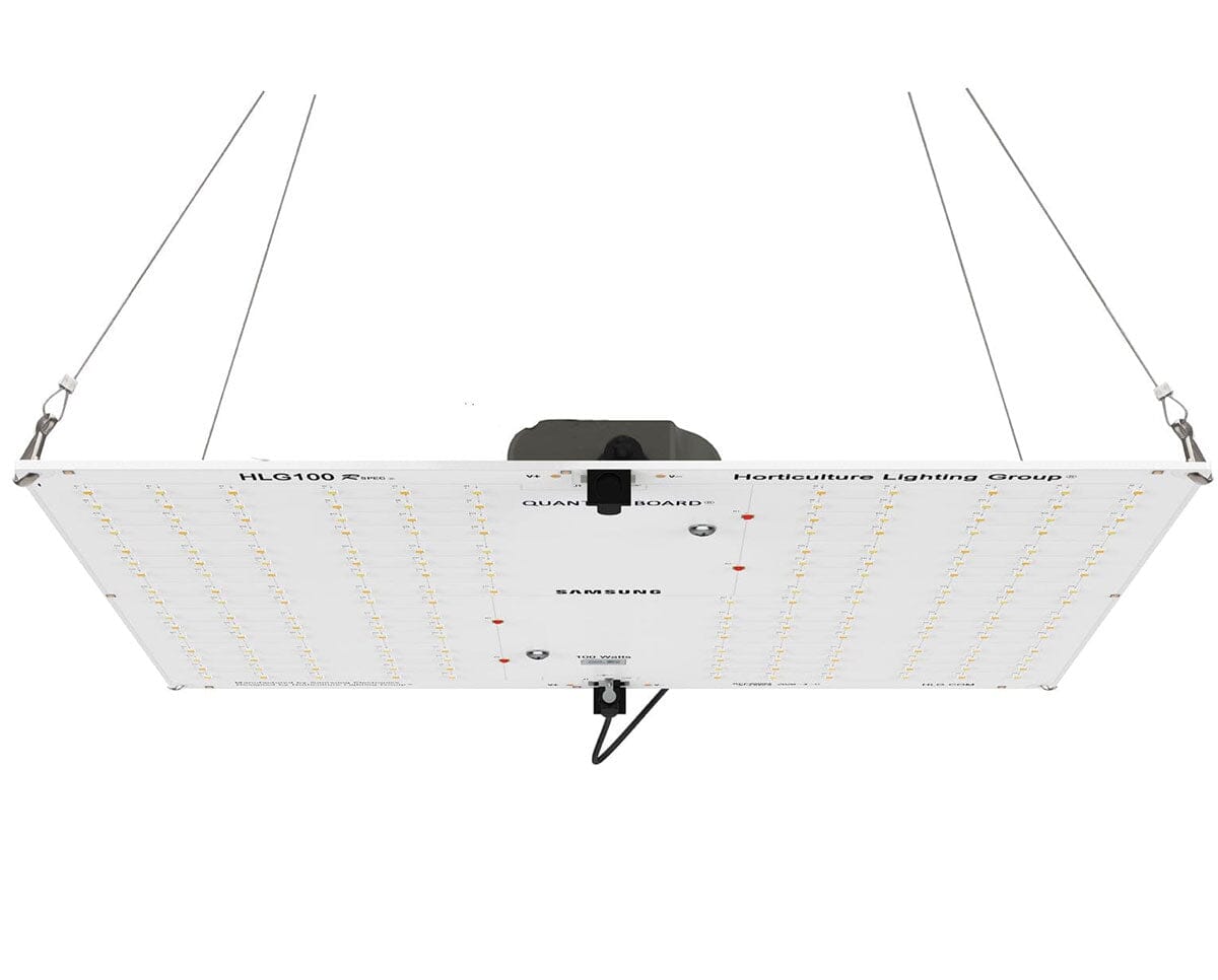 Hanging kit included with HLG 100 Rspec grow light showing rope ratchets, carabiners, and mounting hardware.