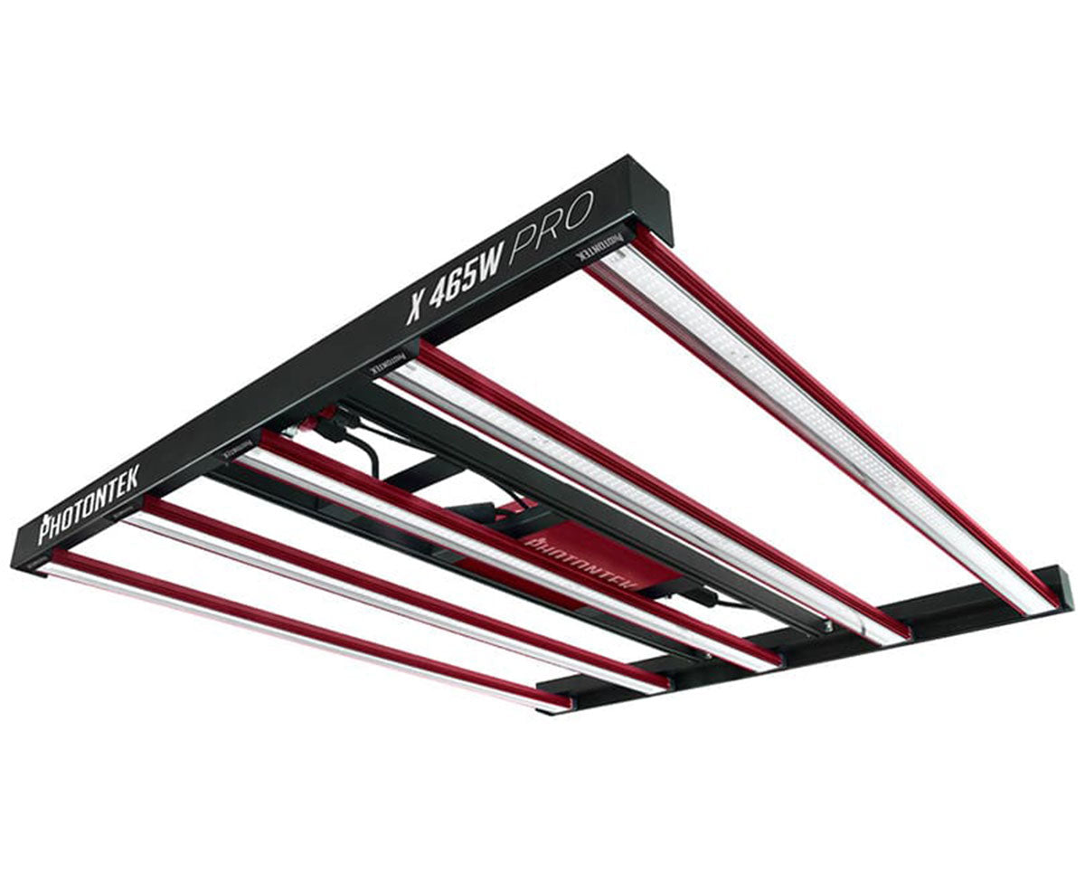 Photontek X 465W Pro LED Grow Light with six-bar full-spectrum design for high-efficiency indoor plant cultivation.