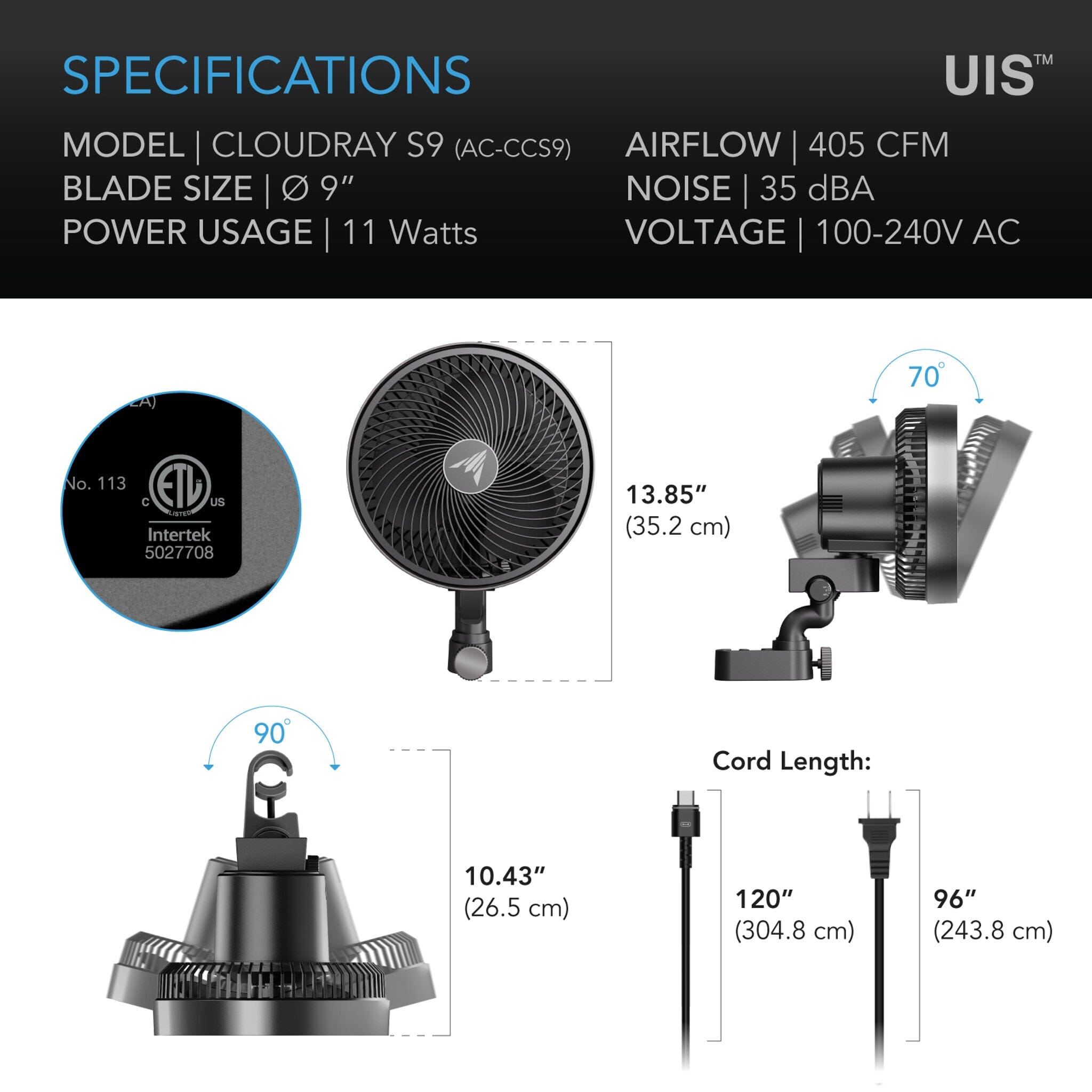 AC Infinity CLOUDRAY S9 Grow Tent Clip Fan 9
