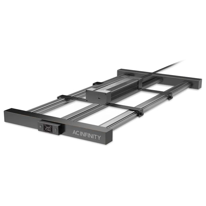 Side-angle view of the AC Infinity IONFRAME EVO3 280W commercial LED grow light with onboard controller.