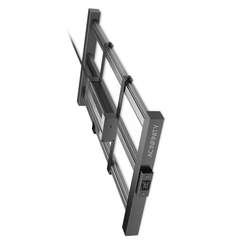 Tilted vertical angle showing AC Infinity EVO3 LED grow light frame and driver positioning.