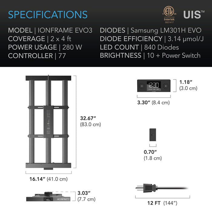 Technical specs and dimensions of the IONFRAME EVO3 LED grow light with Samsung LM301H EVO diodes.