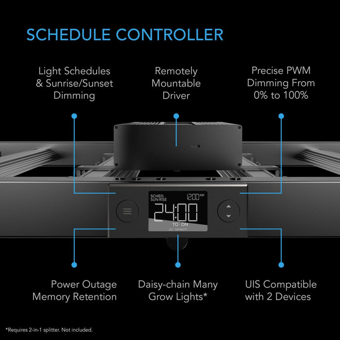 Onboard digital controller showing sunrise/sunset scheduling and daisy-chain options.