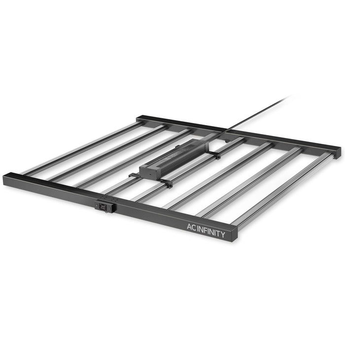 AC Infinity Ionframe EVO8 LED grow light with central driver and built-in digital controller on a sturdy metal frame.