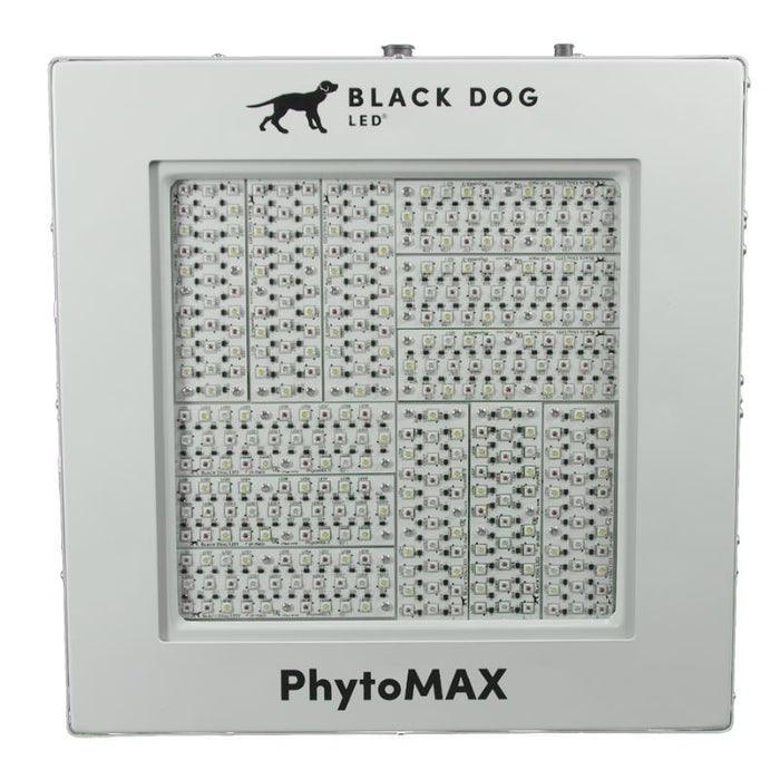 Front view of the PhytoMAX-4 12SP grow light featuring a dense LED diode array with the Black Dog logo.
