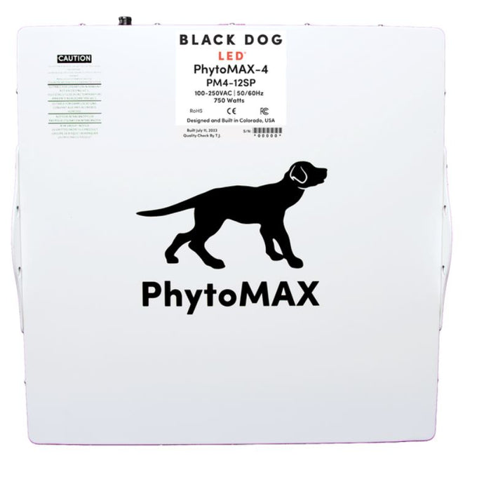 Back panel of the Black Dog LED PhytoMAX-4 12SP showing model specs, power info, and PhytoMAX branding.