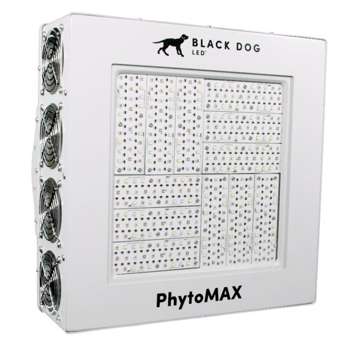 Angled view of the Black Dog LED PhytoMAX-4 12SP grow light showing its LED array and side cooling fans.