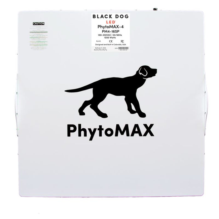 Back panel of the Black Dog LED PhytoMAX-4 16SP showing model specs, power info, and PhytoMAX branding.