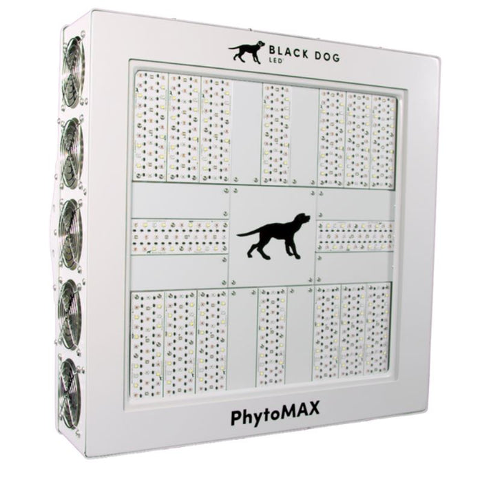 Angled view of the Black Dog LED PhytoMAX-4 16SP grow light showing its LED array and side cooling fans.