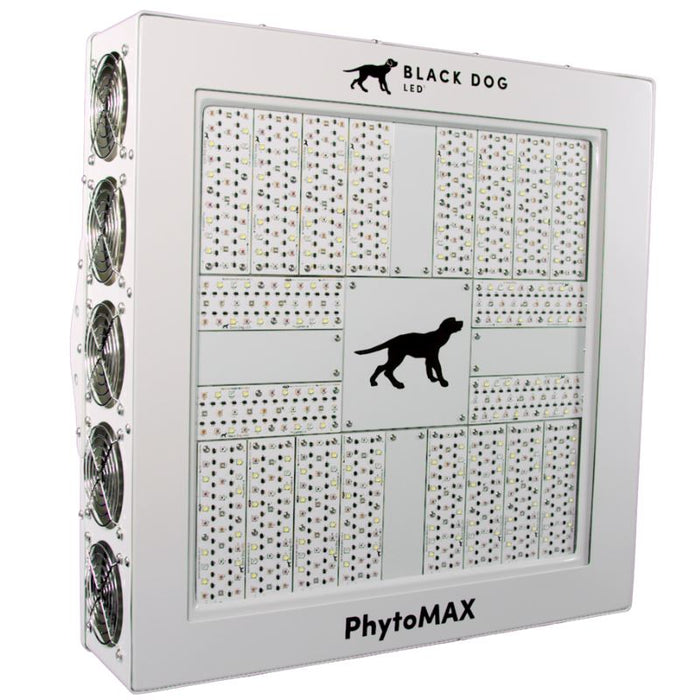 Angled view of the Black Dog LED PhytoMAX-4 20SP grow light showing its LED array and side cooling fans.