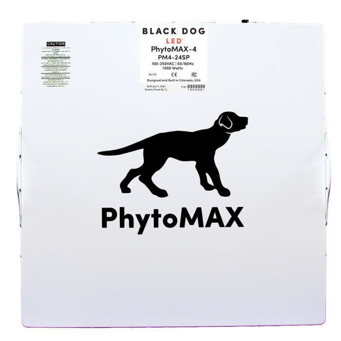 Back panel of the Black Dog LED PhytoMAX-4 24SP showing model specs, power info, and PhytoMAX branding.