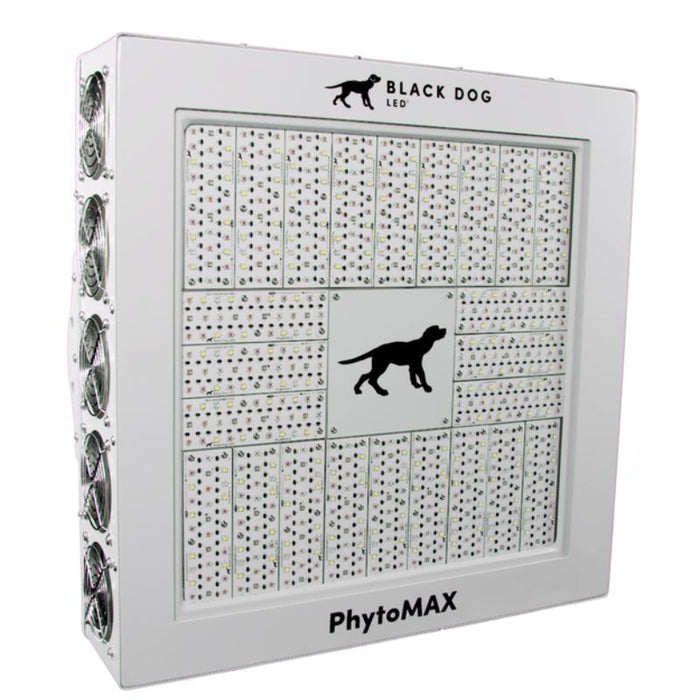 Angled view of the Black Dog LED PhytoMAX-4 24SP grow light showing its LED array and side cooling fans.