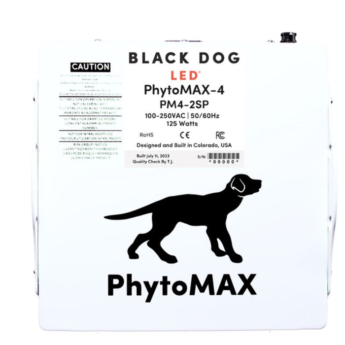Back panel label on PhytoMAX-4 2S grow light showing product model, power rating, and safety info.