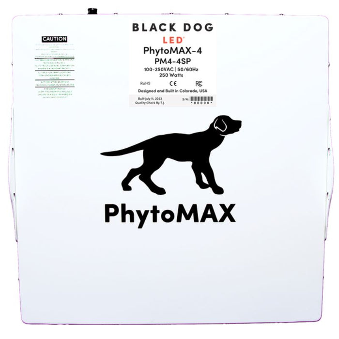 Back panel label on PhytoMAX-4 4S grow light showing product model, power rating, and safety info.