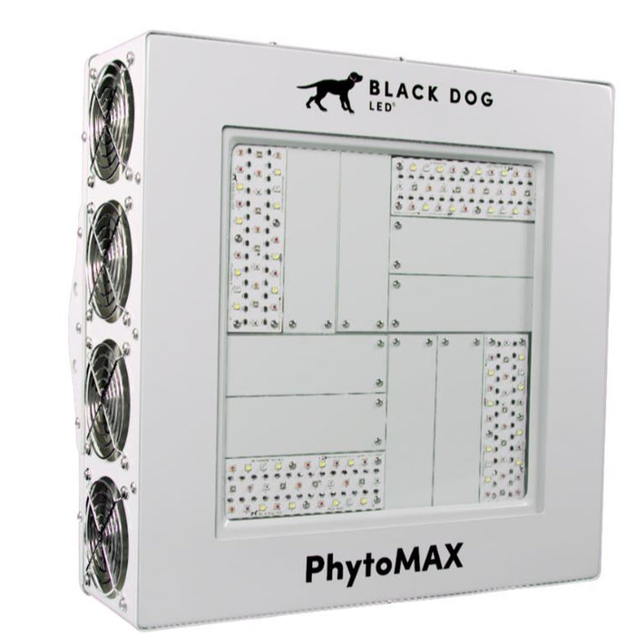 Angled front view of Black Dog LED PhytoMAX-4 4S grow light showcasing LED array and cooling fans.