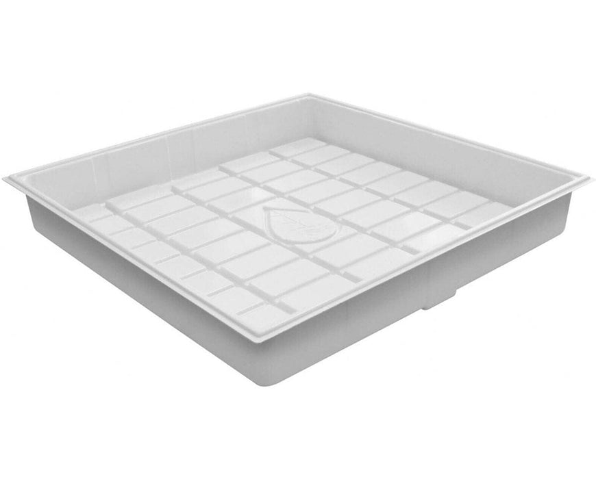 Botanicare Premium White ID Tray (4 × 4 ft), inside 48″ × 48″, outside 52.8″ × 52.8″, with 7‑inch sidewalls, durable ABS build, drainage grid, and gusseted corners.