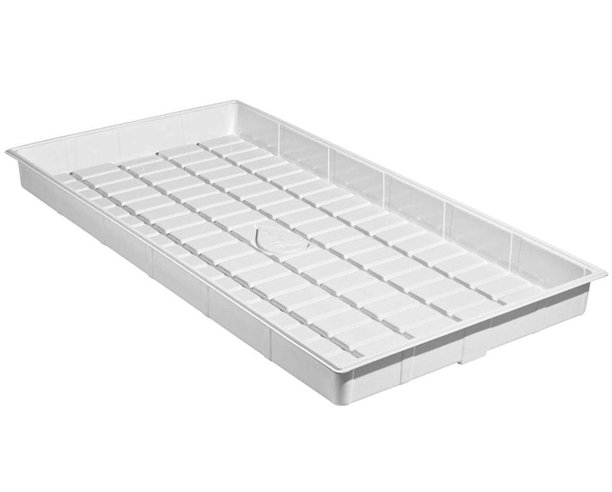 Botanicare Premium White ID Tray (4 × 8 ft), inside dimensions 48″ × 96″, outside 52.8″ × 100.8″, featuring 7‑inch sidewalls, heavy‑gauge ABS, wide curved channels, and integrated corner support.