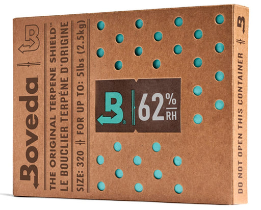 Boveda 62% 320g humidity control pack in brown box with teal dots for preserving cannabis freshness long-term.