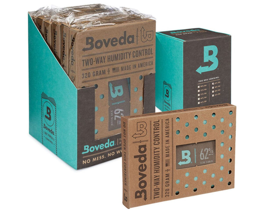 Boveda 62% RH humidity control 320g pop carton packaging displayed against a white background.