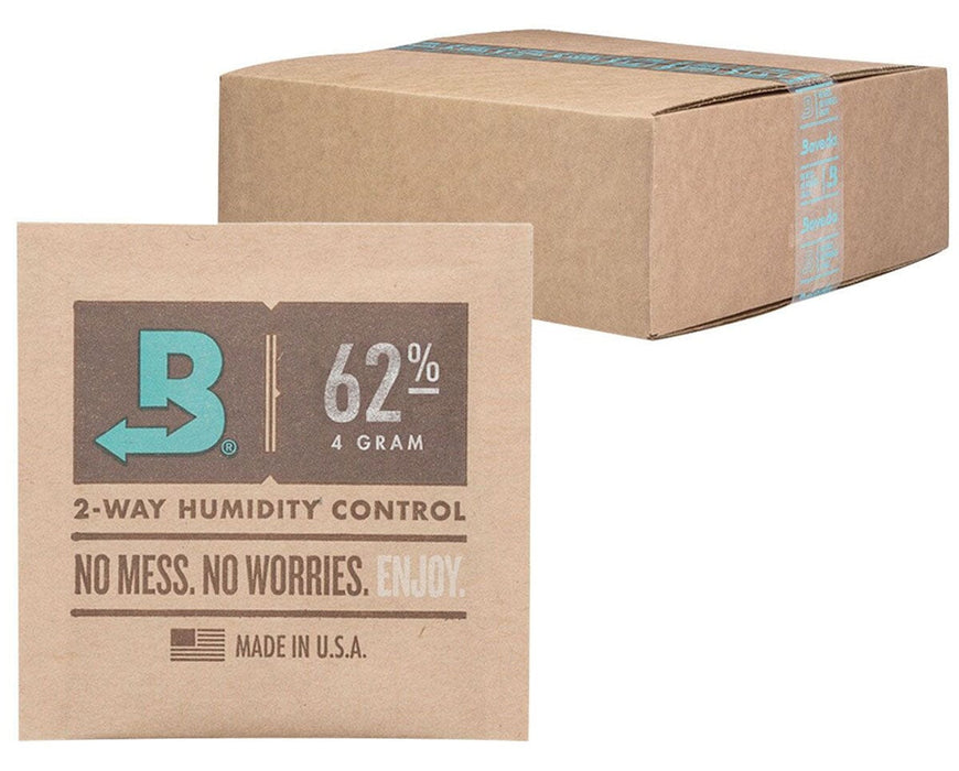 Boveda 62% RH 4g humidity control pack and shipping box shown for bud freshness with mess-free storage.