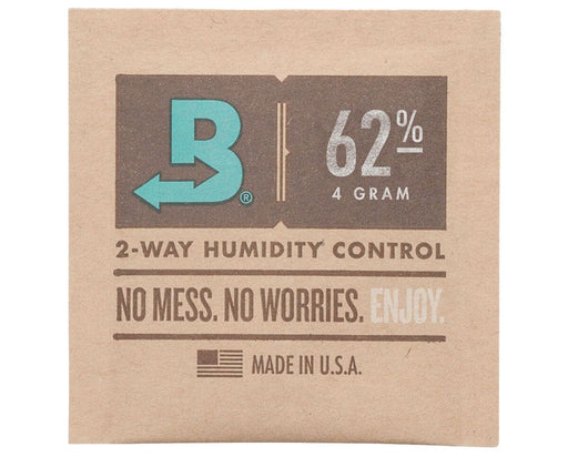 Close-up of Boveda 4g 62% 2-way humidity pack with tagline No Mess No Worries Enjoy and Made in USA label.