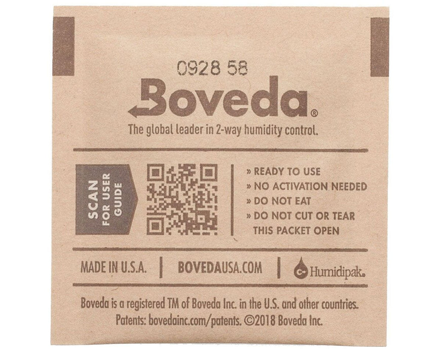 Back of Boveda 62% 4g humidity pack with QR code, usage instructions, and warning not to cut or eat the packet.