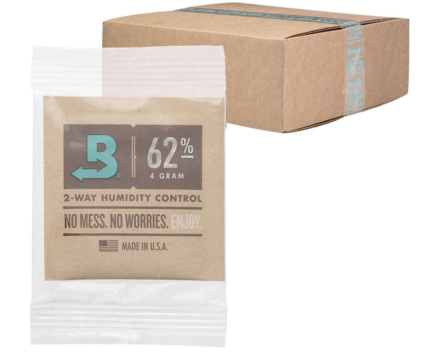 Individually sealed Boveda 62% 4g 2-way humidity pack with shipping box for mess-free bud storage and freshness.