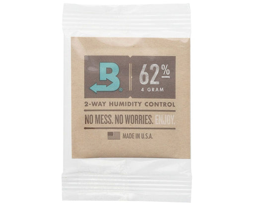 Close-up of sealed Boveda 62% RH 4g humidity control pack labeled No Mess No Worries Enjoy and Made in USA.
