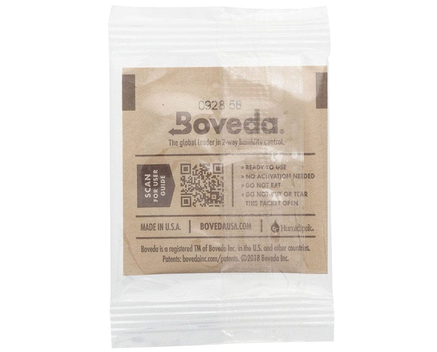 Back view of sealed Boveda 62% 4g pack showing usage guide, QR code, and safety instructions for bud storage.
