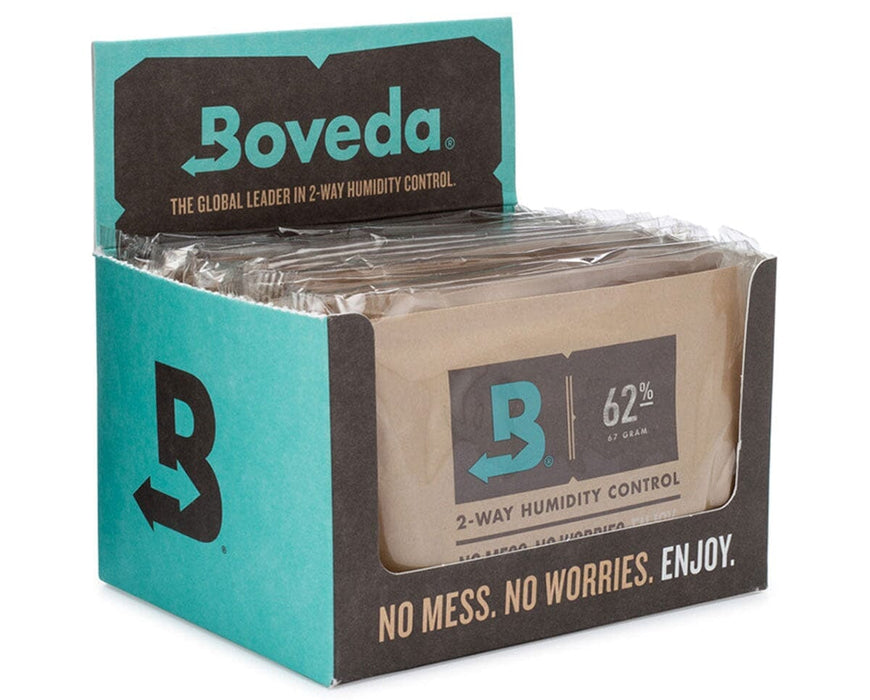 Open retail box of Boveda 62% humidity control packs, showcasing multiple unwrapped packets for bulk bud storage.