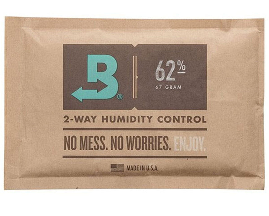 Single Boveda 62% humidity control pack with branding and messaging printed on kraft paper packaging, designed for maintaining optimal moisture levels.