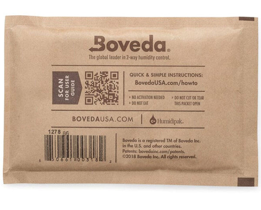Back image of single Boveda 62% humidity control pack with branding and QR code for user guide.