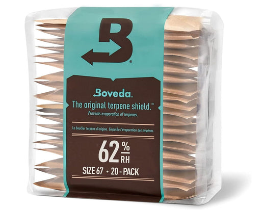 20-pack brick Boveda 62% RH humidity control packs, size 67, labeled as "The original terpene shield" to prevent terpene evaporation, shown in clear packaging with teal and brown branding.