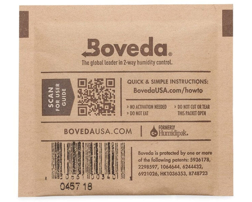 Back side of a Boveda 62% RH humidity control pack displaying instructions, barcode, QR code, and website details for usage guidance, labeled "The global leader in 2-way humidity control.