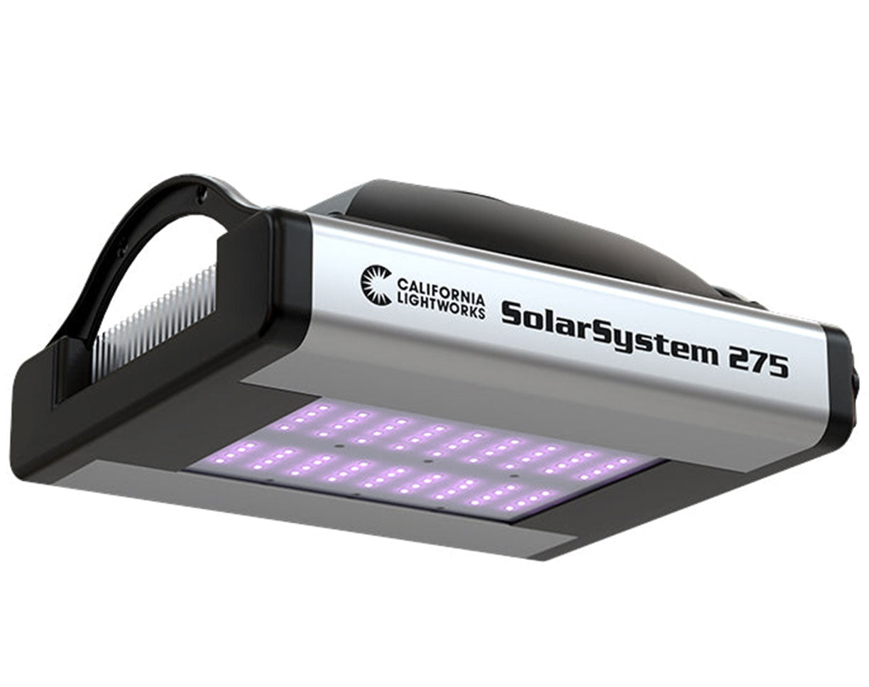 Front angled view of the California Lightworks SolarSystem 275 LED grow light showing its compact design and LED array.