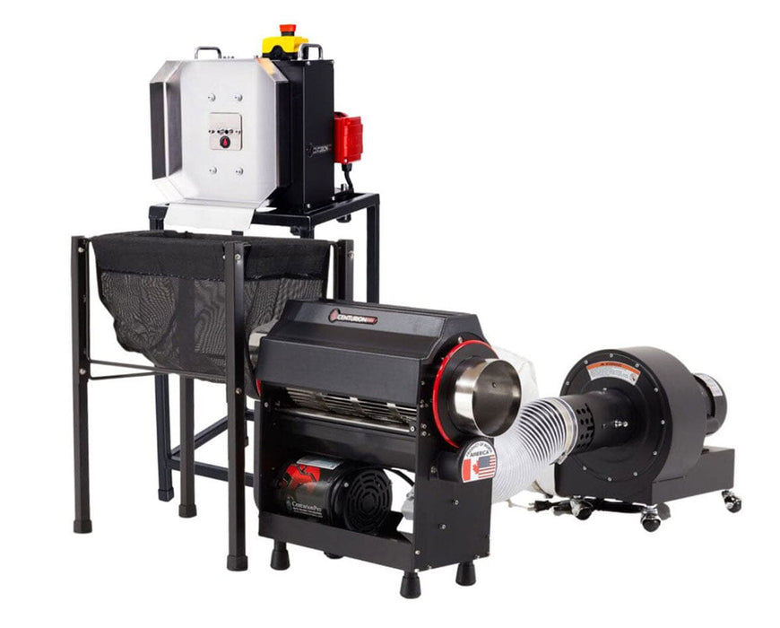 Front view of the complete bundle with the trimmer, blower, bucker, and trim bag all connected and assembled.