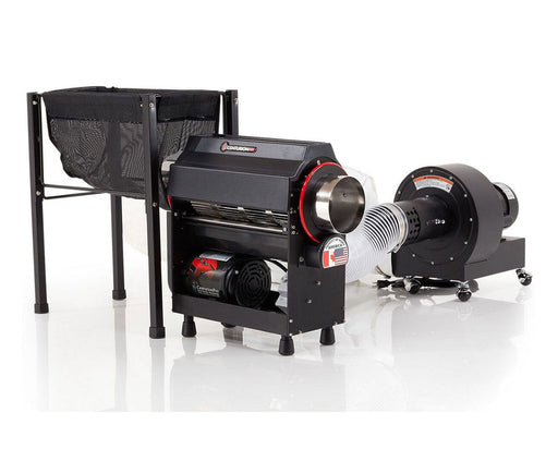 Full setup of the CenturionPro Tabletop Trimmer with mesh trim bag and blower system connected via ducting.