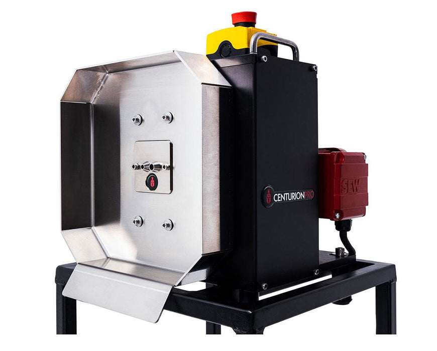 Side view of the CenturionPro Bucker machine with emergency stop button and stainless steel front plate.