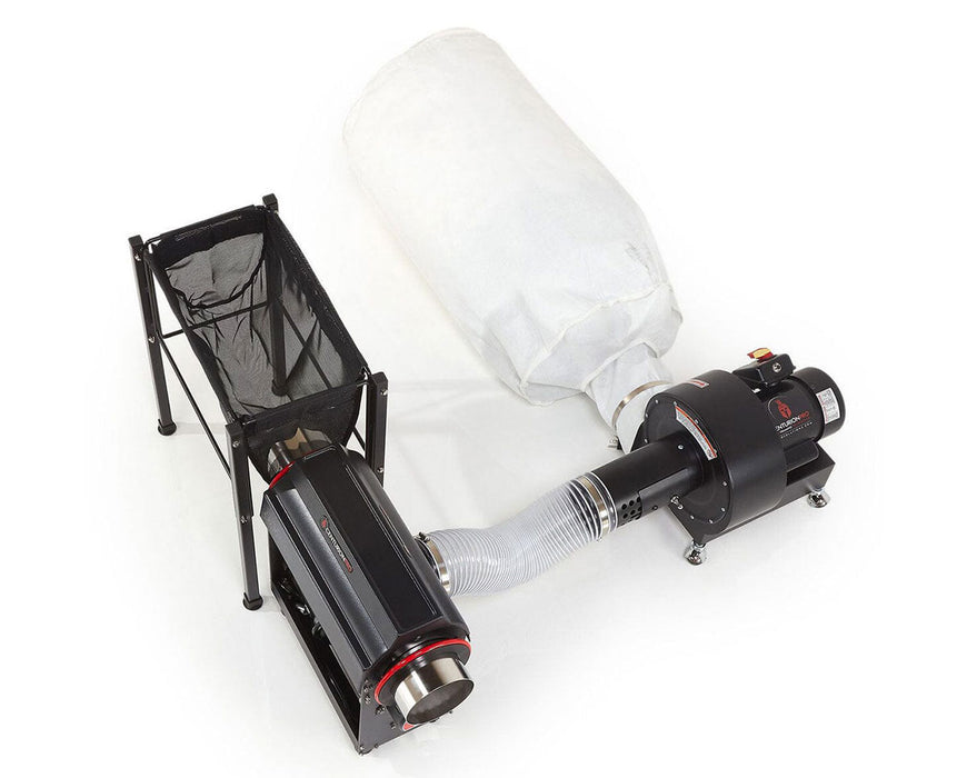 Overhead view of the entire Tabletop Trimmer & Bucker Bundle including the blower, hopper, and trim bag.